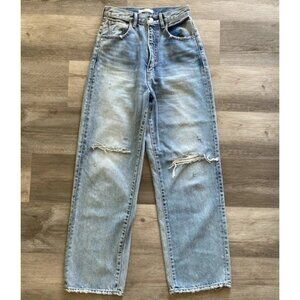 Moussy 100% Cotton Wide Leg Jeans Blue Distressed High Rise Straight Size 26